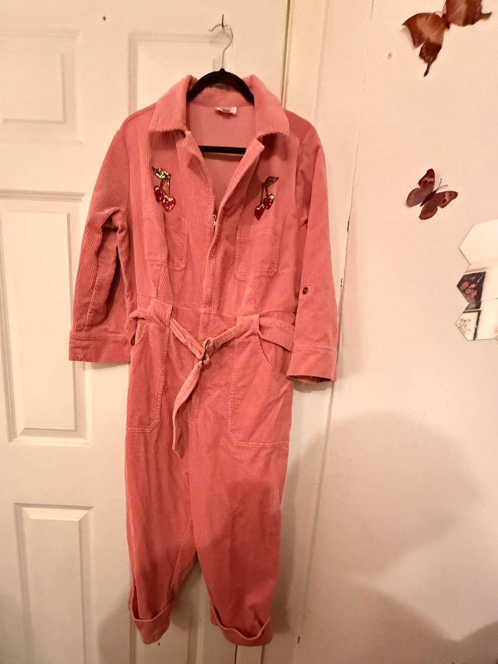 Unique Vintage Pink Corduroy Jumpsuit Coat with Cherry Embroidery